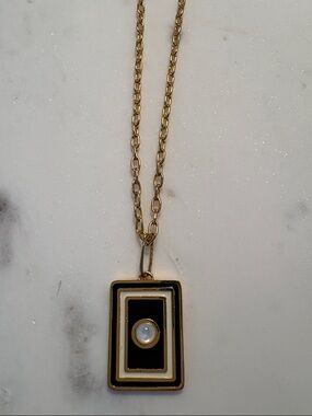 Gold Chain Necklace with Black Enamel Rectangular Pendant and Pearl Accent